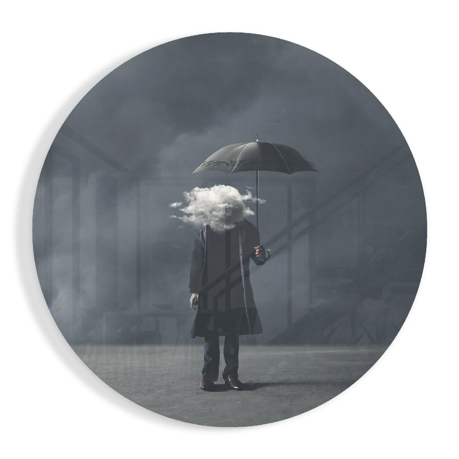Cloud head surreal figure glass wall art in gray mist