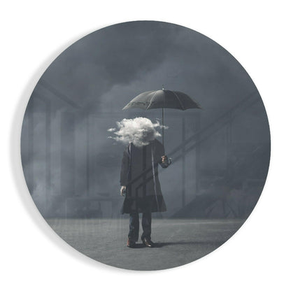 Cloud head surreal figure glass wall art in gray mist