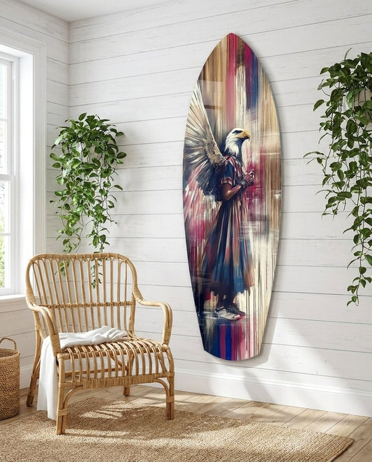 Eagle head woman surfboard glass wall art on a white plank wall beside a rattan chair and hanging plants