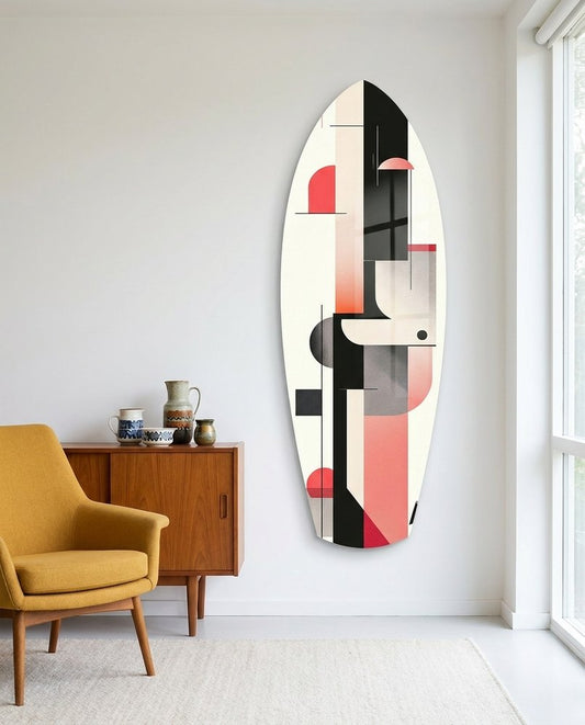 Coral and Black Geometric Shapes surfboard glass wall art in a white room beside a mustard armchair and a teak cabinet