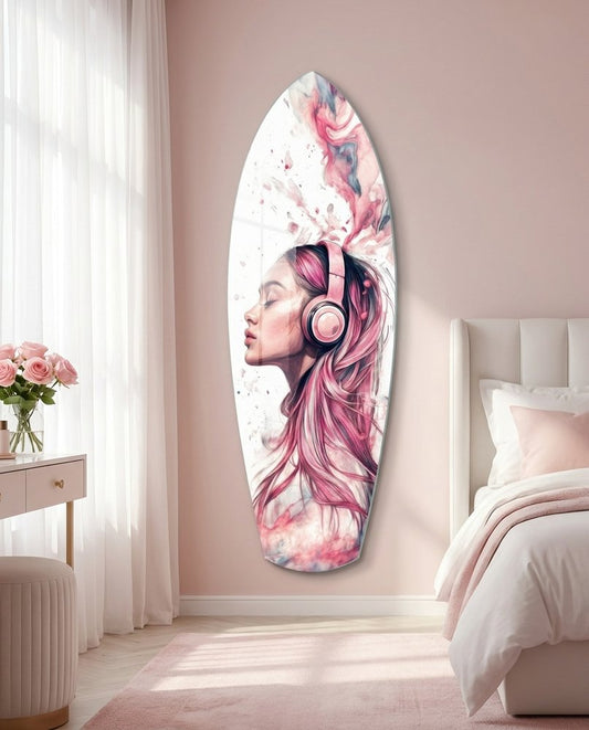 Pink Hair Woman in Headphones surfboard glass wall art in a blush pink bedroom beside a vanity with roses