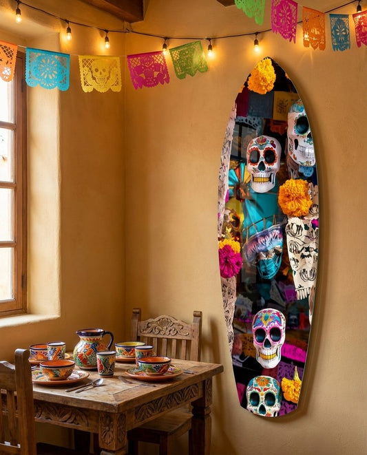 Painted sugar skulls, orange marigolds and papel picado on surfboard glass art in an adobe dining nook