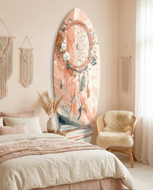 Peach Dreamcatcher With White Roses surfboard glass wall art in a peach bedroom with macrame hangings and a sheepskin chair