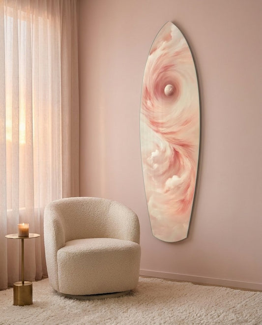Blush pink swirl surfboard glass wall art on a pink wall beside sheer curtains and a cream armchair