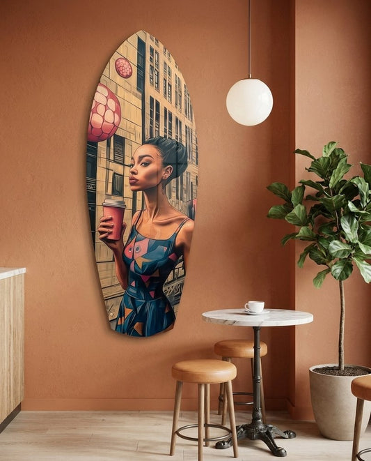 Woman with coffee surfboard glass wall art on a terracotta cafe wall above a marble table and stools
