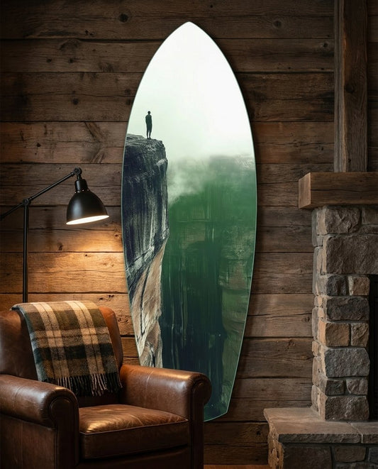 Misty cliff surfboard glass wall art on a rustic wood wall beside a leather armchair, plaid throw and stone hearth