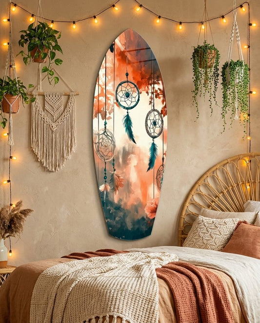 Surfboard glass wall art in a boho bedroom with string lights, hanging plants and a rattan headboard