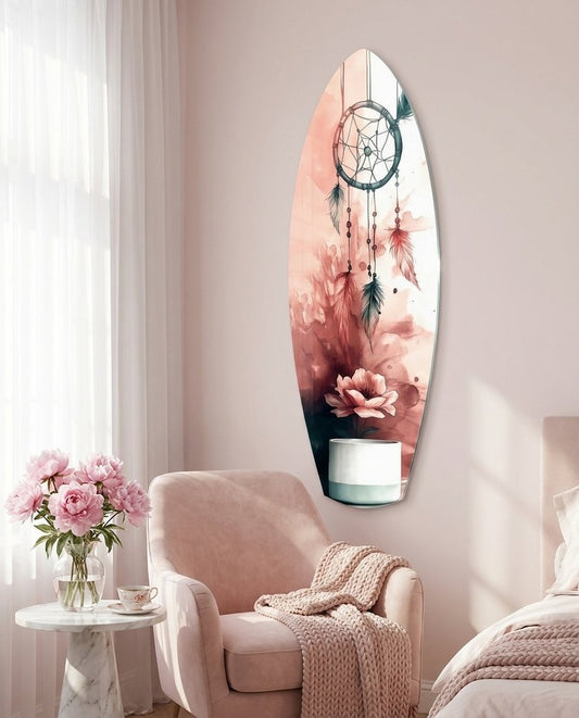 Blush Dreamcatcher and Pink Flowers surfboard glass wall art in a blush pink bedroom beside an armchair and a vase of peonies
