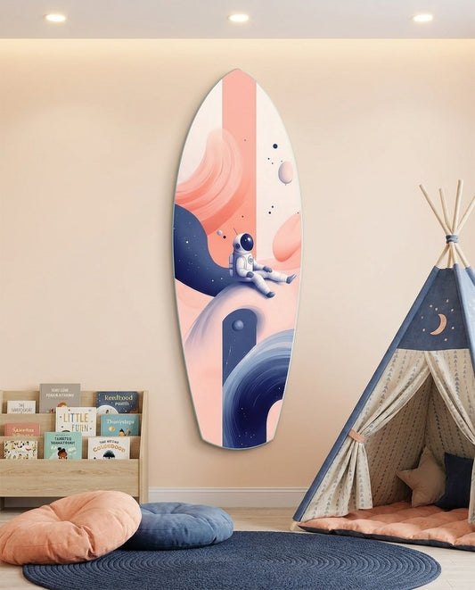 Astronaut surfboard glass wall art in a playroom with a teepee tent, floor cushions and a round navy rug