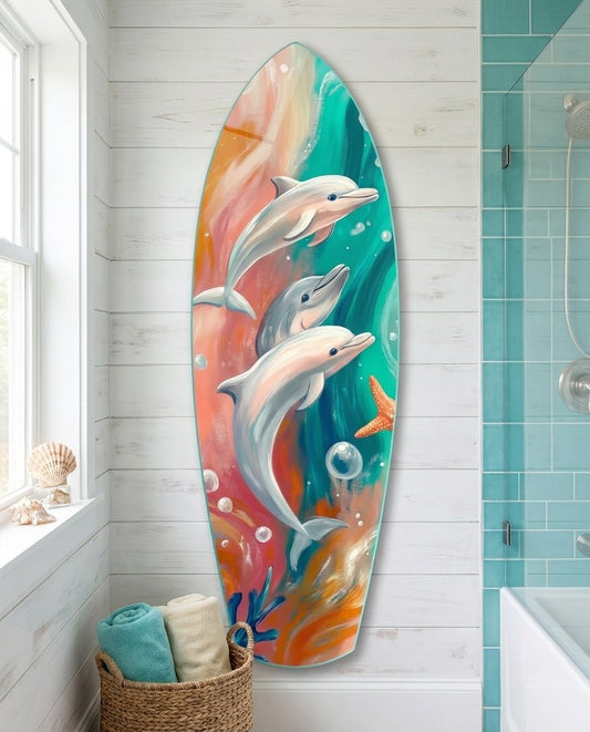 Surfboard glass wall art in a white shiplap bathroom beside a teal tiled shower and a towel basket
