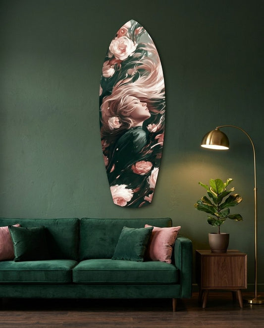 Woman and roses surfboard glass wall art on a dark green wall above a green velvet sofa and a brass floor lamp