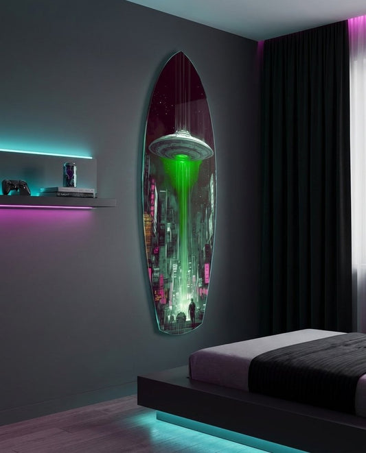 Silver UFO shining a green beam down a neon city street at night on surfboard glass art in a dark bedroom