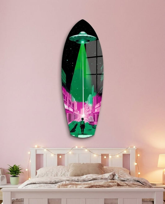 Green UFO beam lighting a pink city street where a small figure stands, surfboard glass art in a pink bedroom