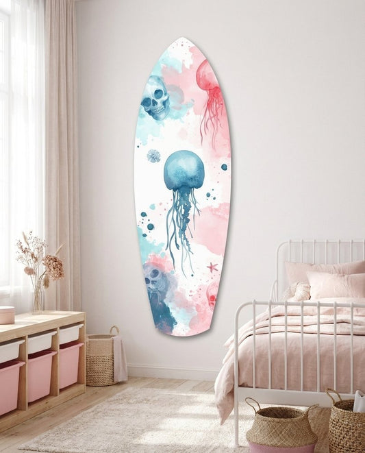 Jellyfish skulls surfboard glass wall art in a soft pink bedroom beside a white iron bed and woven baskets