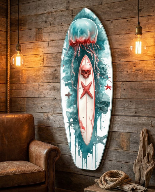 Teal jellyfish trailing red tentacles over a small skull and starfish on surfboard glass art by a wood wall