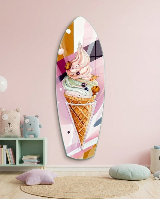 Ice cream cone surfboard glass wall art in a pink kids room above floor cushions and a mint shelf