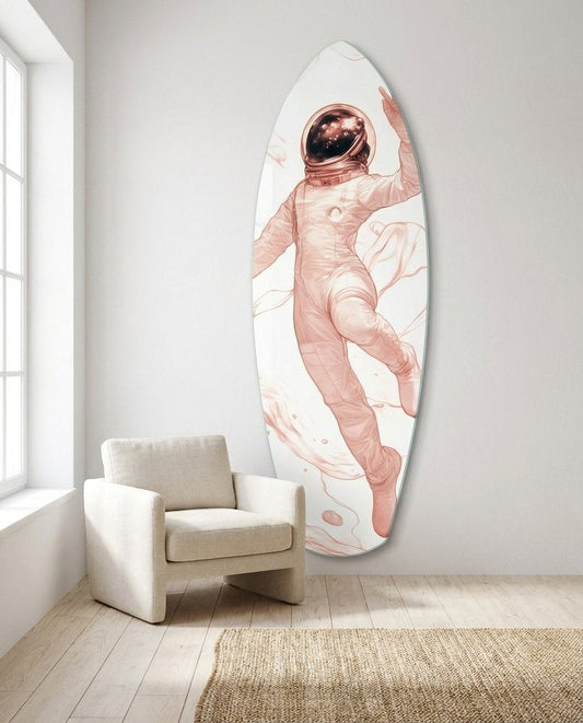 Rose pink line sketch of an astronaut swimming through water swirls on surfboard glass art in a white room