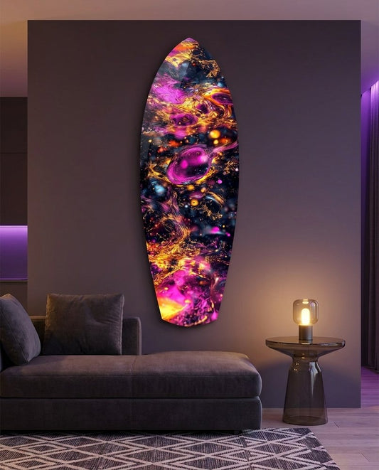 Magenta, violet and gold cosmic bubbles swirling across black on surfboard glass art in a dim purple lounge