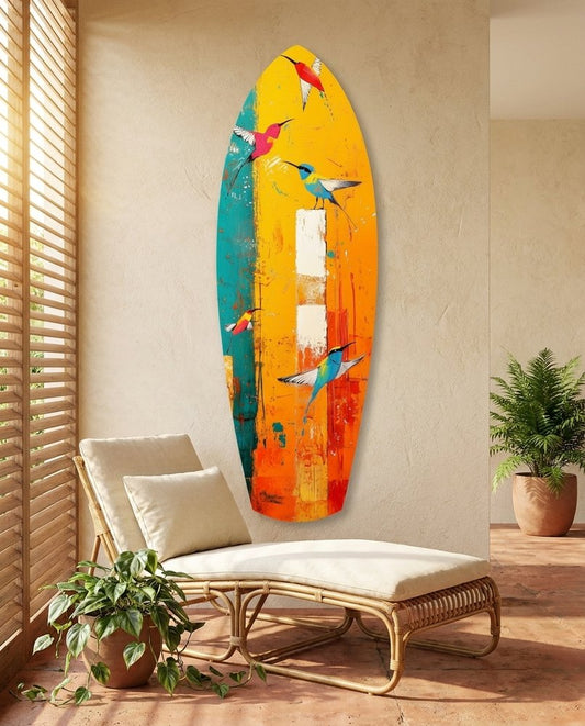 Hummingbird surfboard glass wall art in a sunlit room with a rattan lounge chair and potted plants by slatted blinds