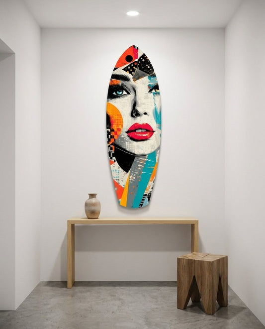 Pop art collage woman with red lips on surfboard glass in a white alcove above a wooden console and stool