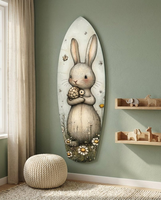 Bunny surfboard glass wall art on a sage green nursery wall beside wooden shelves and a knit pouf