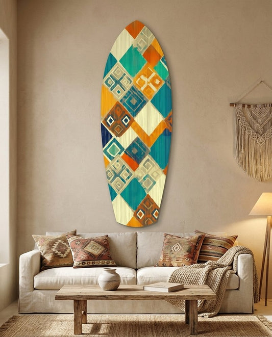 Surfboard glass wall art above a cream sofa and a wooden coffee table in a warm boho living room