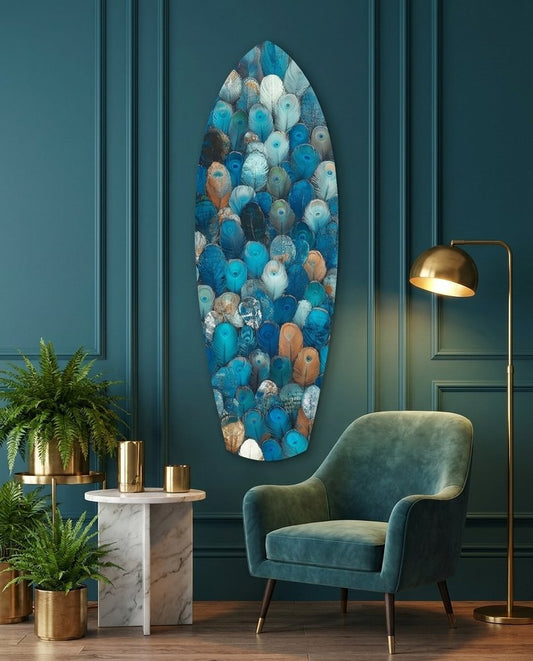 Teal feather surfboard glass wall art on a dark teal paneled wall beside a velvet armchair and brass floor lamp