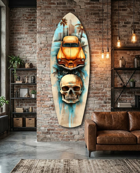 Classic car skull surfboard glass wall art in a brick loft above a brown leather sofa