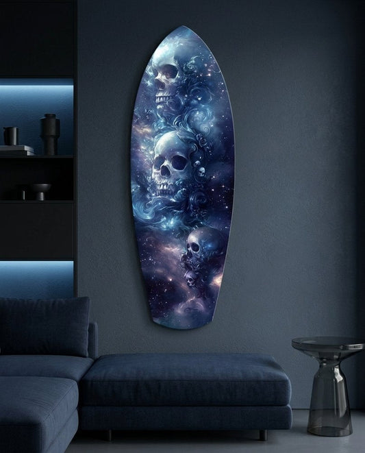 Pale skulls emerging from a deep blue and violet nebula full of stars on surfboard glass art in a navy room