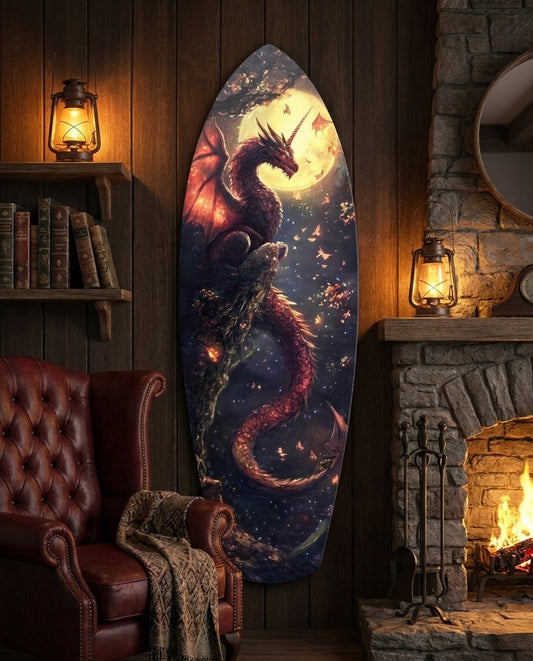 Red dragon coiling up toward a glowing full moon in a starry night sky on surfboard glass art beside a fireplace