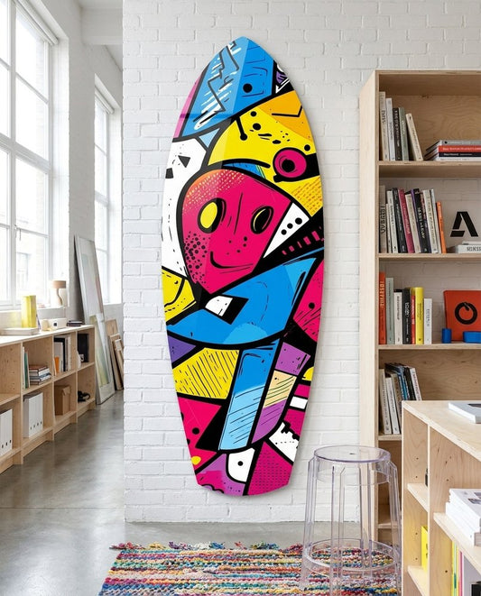 Pop art face surfboard glass wall art on a white brick wall beside wooden bookshelves and a striped rug