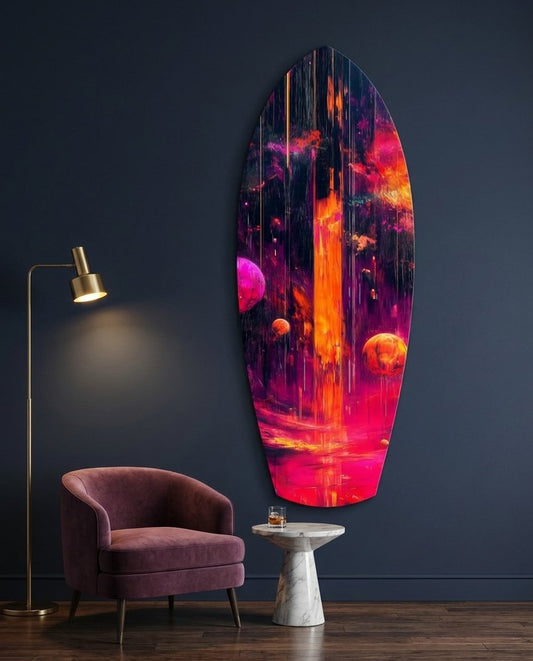 Glowing orange lava falls pouring down past pink and orange planets on surfboard glass art on a navy wall
