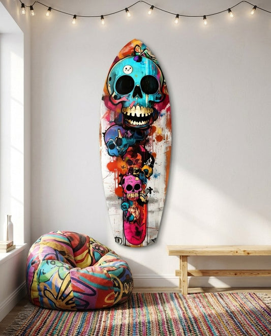 Turquoise grinning skull stacked over smaller pink and blue skulls with paint drips on surfboard glass art