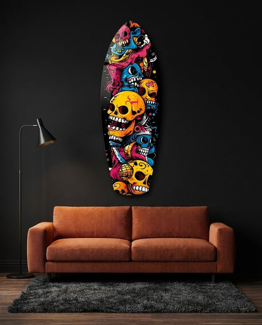 Cartoon skulls surfboard glass wall art on a black wall above an orange corduroy sofa and a gray shag rug