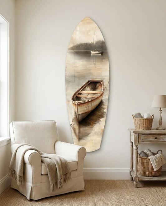 Surfboard glass wall art above a cream armchair and a wicker side table in a light living room