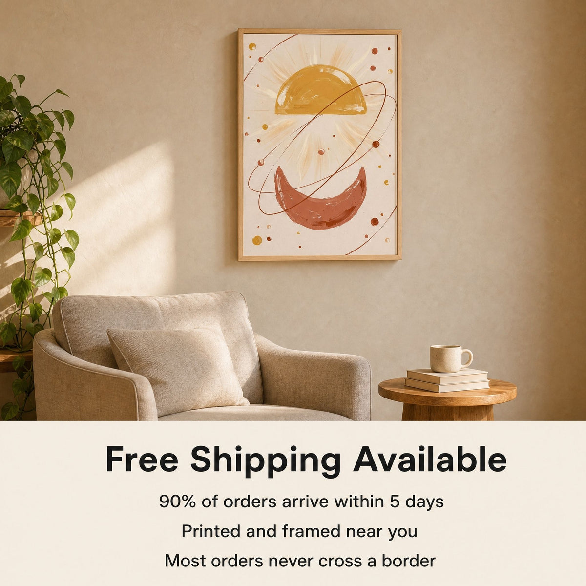 Celestial wall art above an armchair, with a card noting free shipping and local printing and framing.