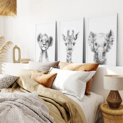 Black and White Jungle Nursery Wall Art Set of 3 - Lion, Giraffe, Elephant