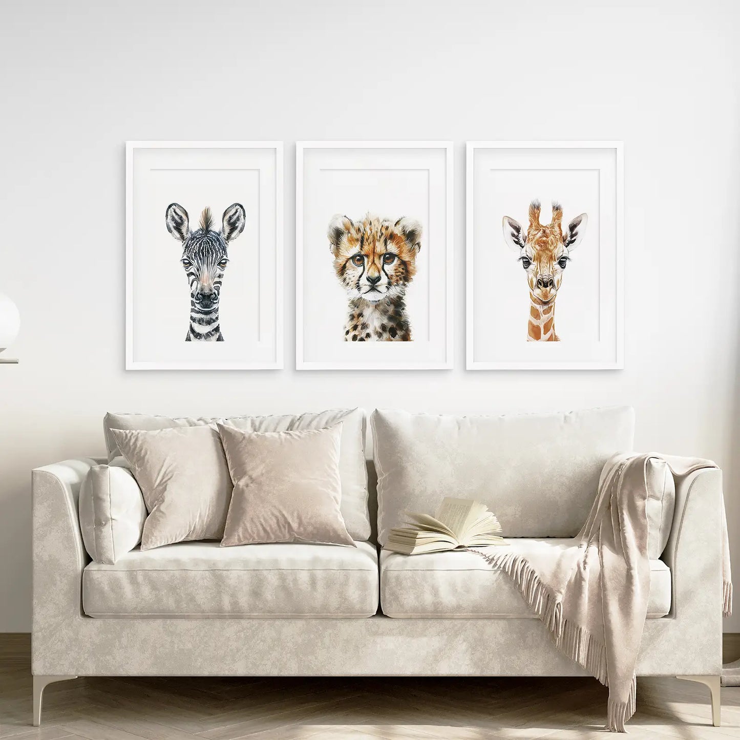 Neutral Safari Nursery Wall Art Set of 3 - Zebra, Cheetah, Giraffe