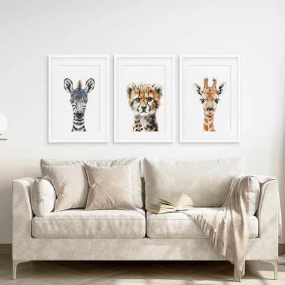 Neutral Safari Nursery Wall Art Set of 3 - Zebra, Cheetah, Giraffe