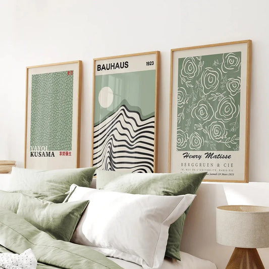 Sage green modern exhibition wall art set of 3 prints