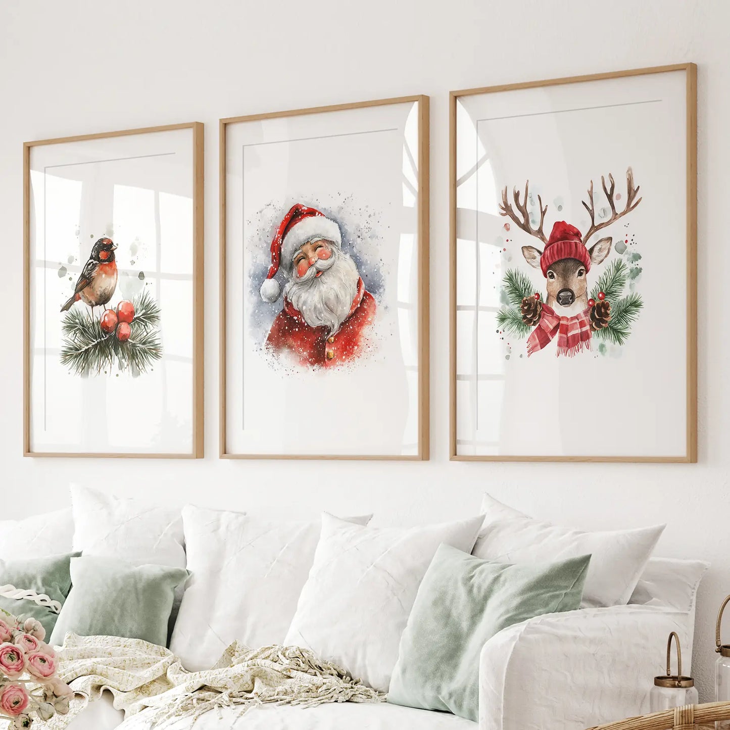 Christmas Print Set of 3 Santa Reindeer Holiday Wall Art