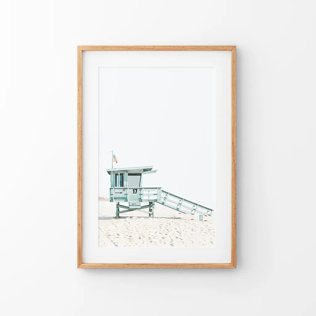 Blue lifeguard hut on Santa Monica Beach, coastal wall art print
