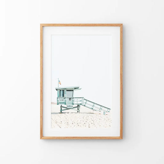 Blue lifeguard hut on Santa Monica Beach, coastal wall art print