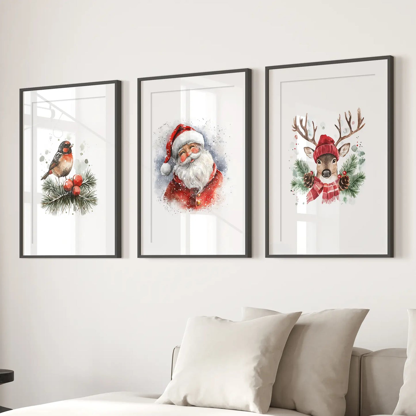 Christmas Print Set of 3 Santa Reindeer Holiday Wall Art