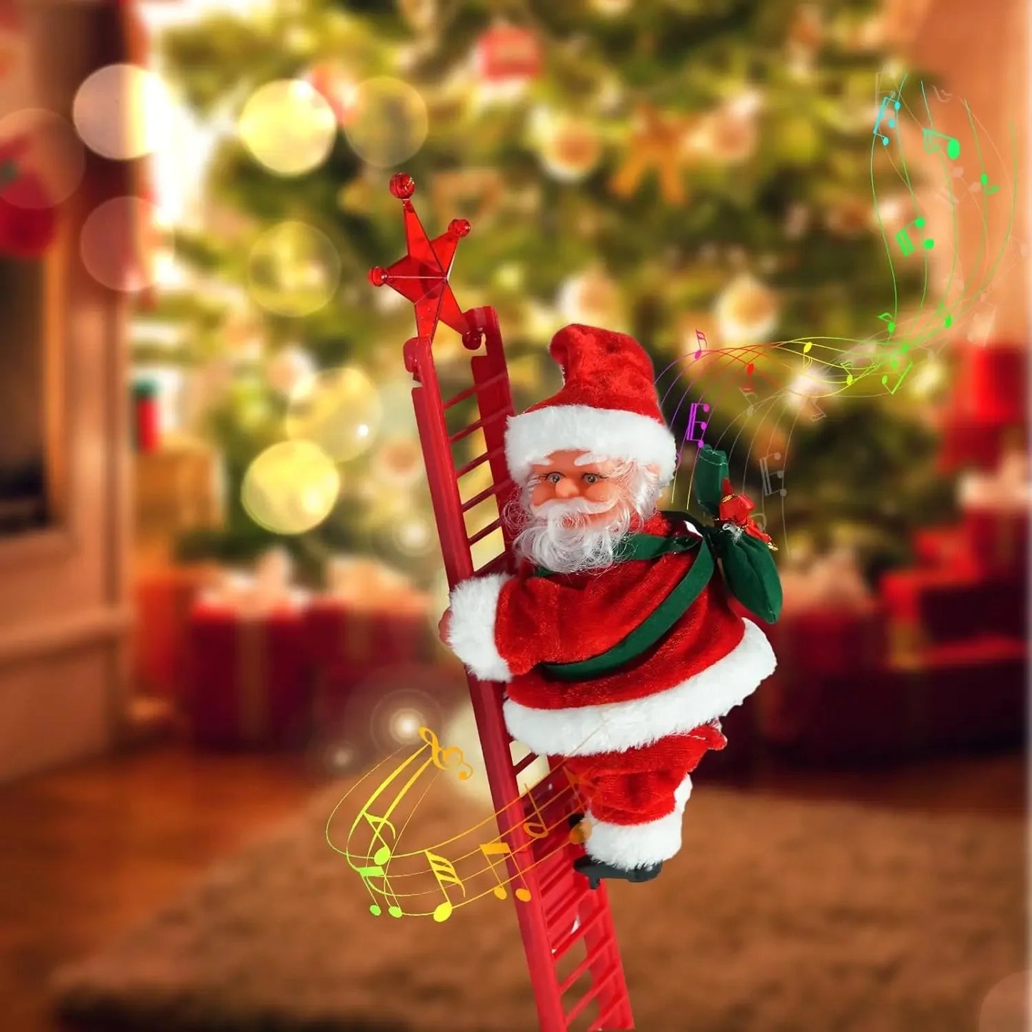 Santa claus figure with green gift bag climbing motion christmas tree ornament