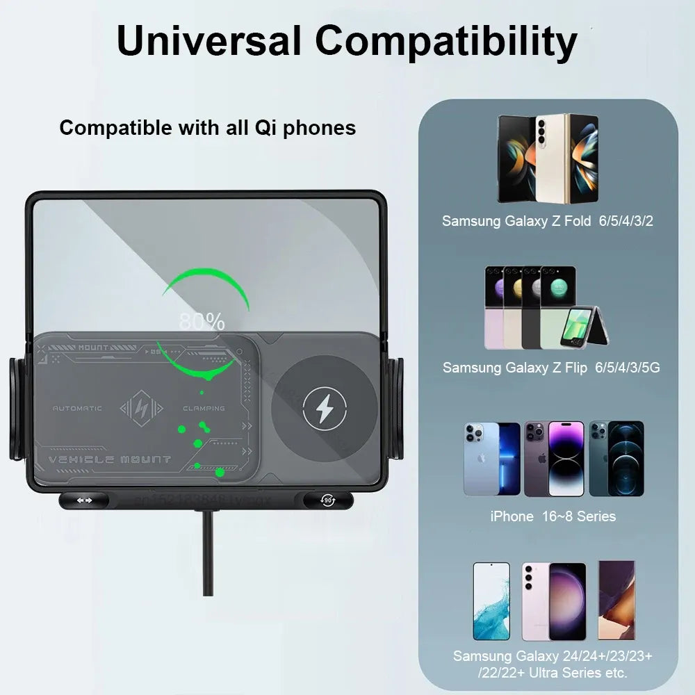 Auto rotating wireless car charger mount compatibility iPhone and Samsung Z Flip Z Fold