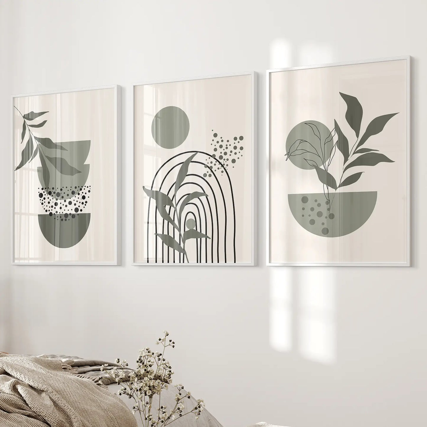 Boho Green Mid-Century Abstract Wall Art Set of 3