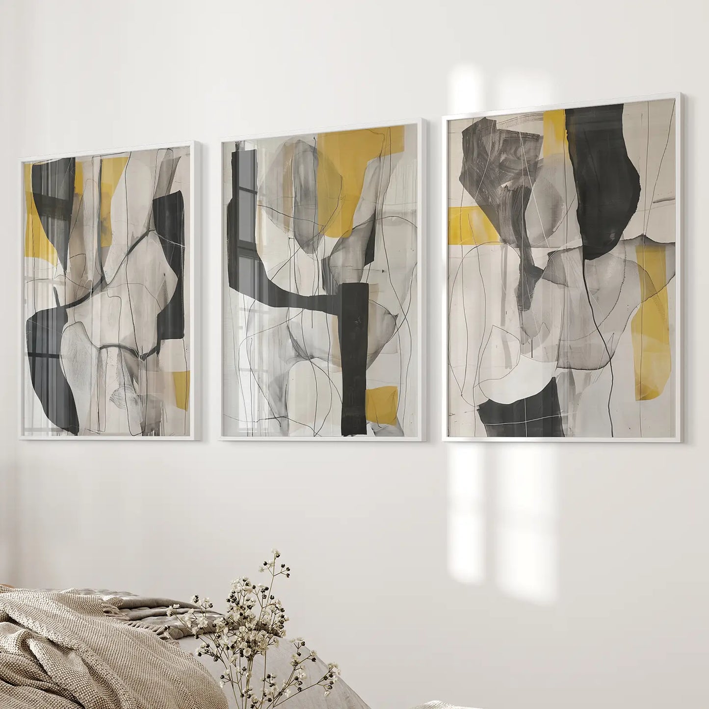 Golden Abstract Shapes Wall Art Set of 3 Modern Prints