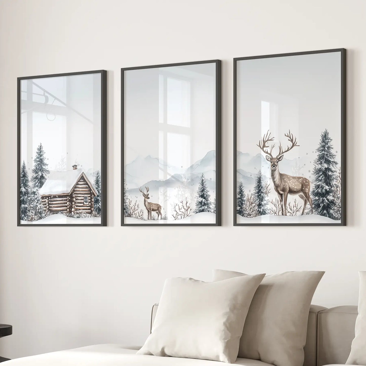 Snowy Deer Winter Wall Art, Woodland 3 Piece Set