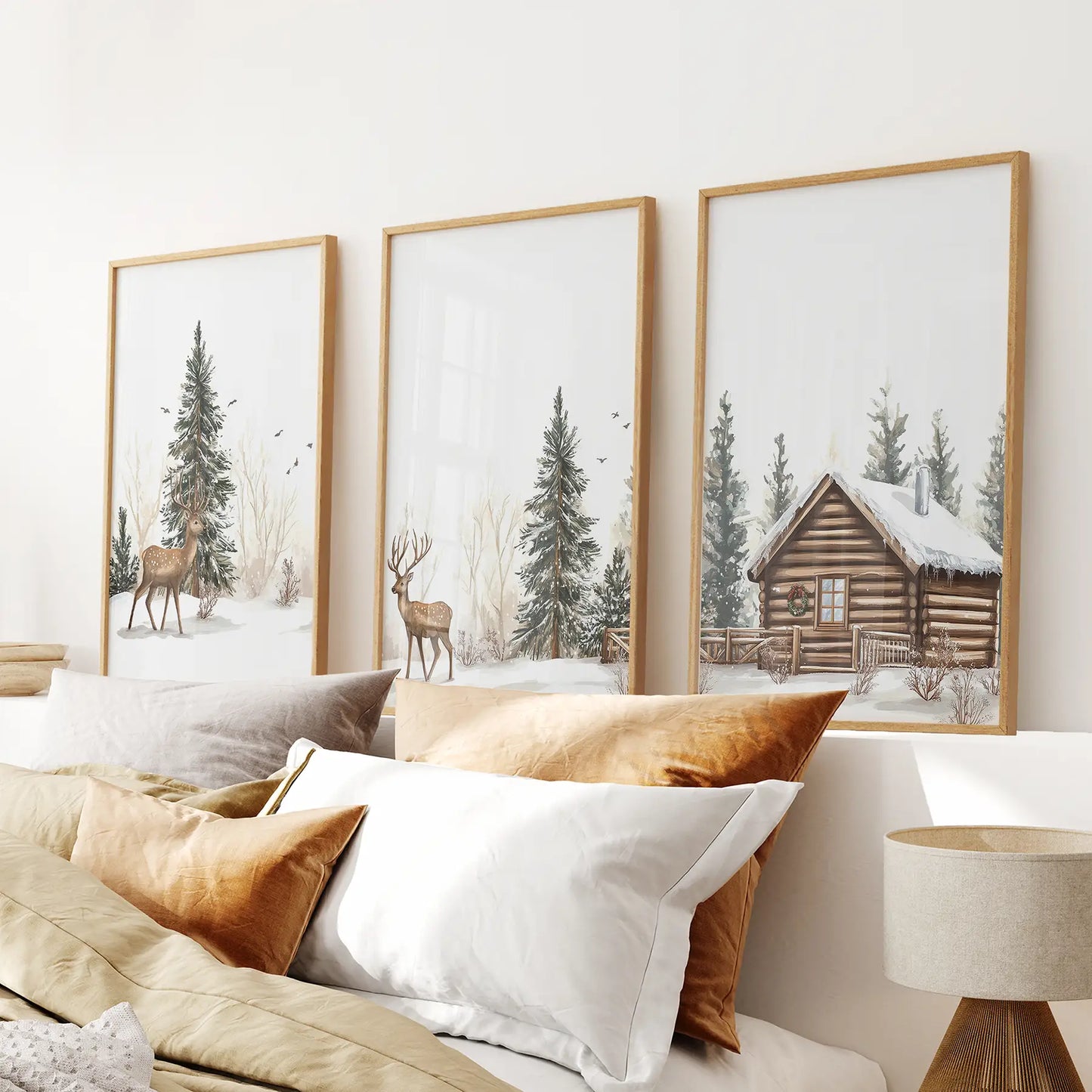 Set of 3 deer and cabin winter Nordic wall art prints